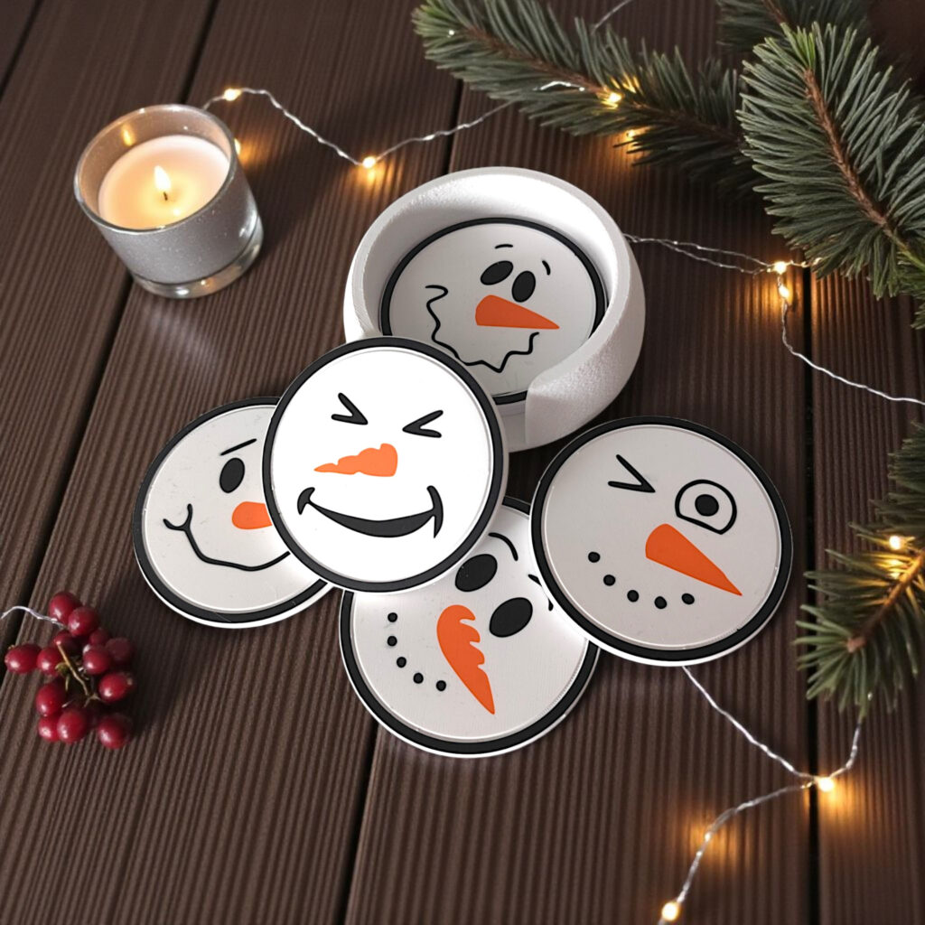 Funny snowman coasters with holder (six faces) – commercial STL model for 3D printing by Deltaprints
