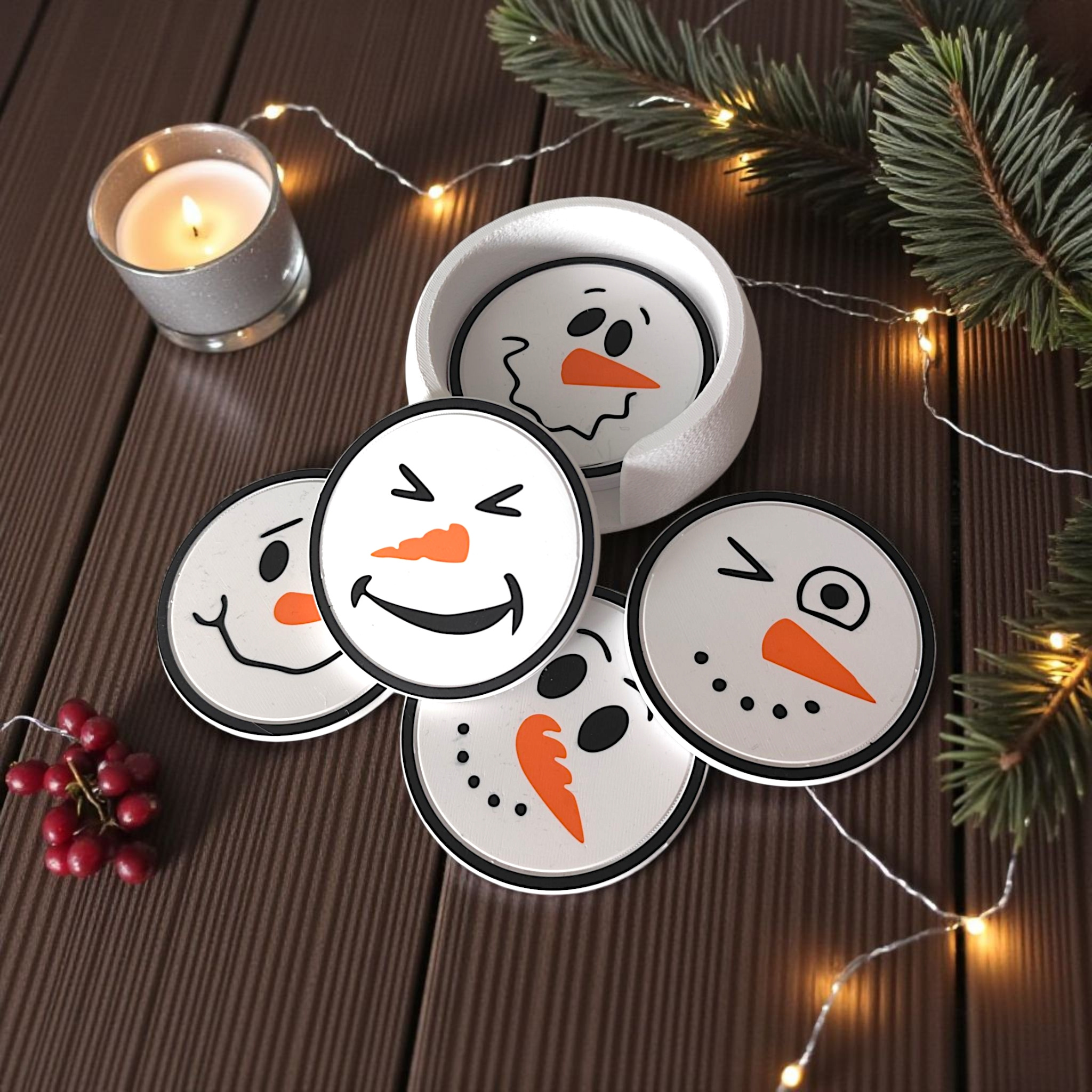 Funny snowman coasters with holder (six faces) commercial STL file Desk Accessories by Deltaprints