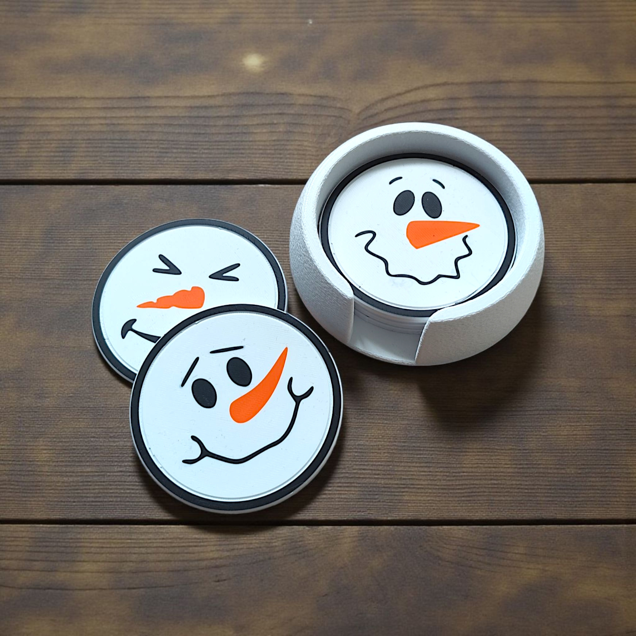 Funny snowman coasters with holder (six faces) 3D print product image 4 by Deltaprints