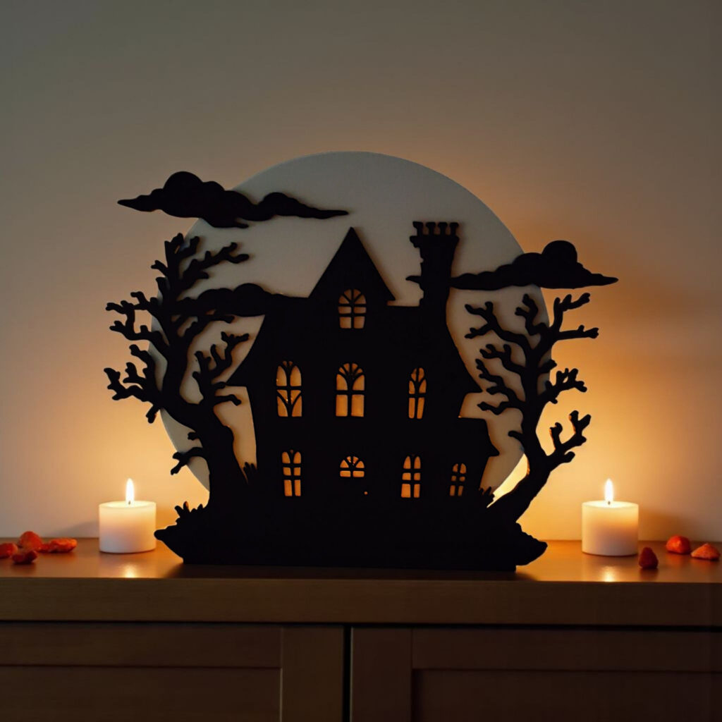 Spooky Halloween Hill House with LED Tealight Holder – commercial STL model for 3D printing by Deltaprints