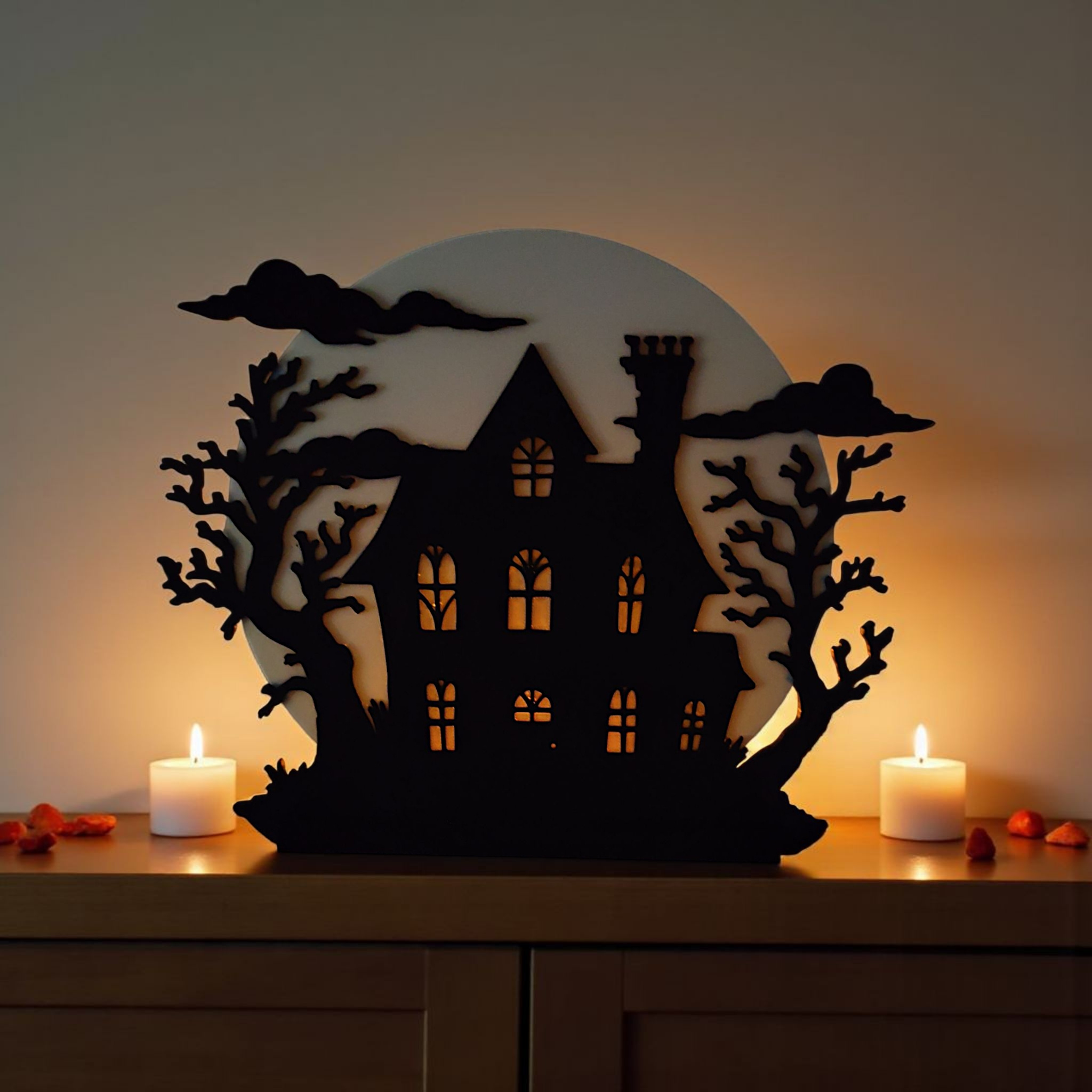 Spooky Halloween Hill House with LED Tealight Holder commercial STL file Desk Accessories by Deltaprints