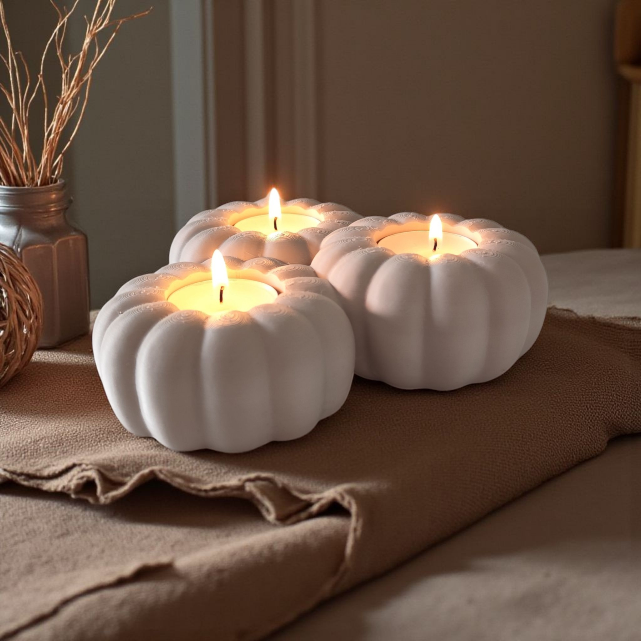 Autumnal pumpkin tealight holder for 3 (LED) tealights commercial STL file Desk Accessories by Deltaprints