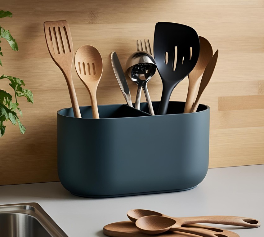 Modern kitchen utensil holder with 2 compartments – commercial STL model for 3D printing by Deltaprints