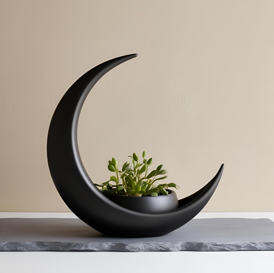 Crescent Moon Decoration With Elliptical Plant Pot – commercial STL model for 3D printing by Deltaprints