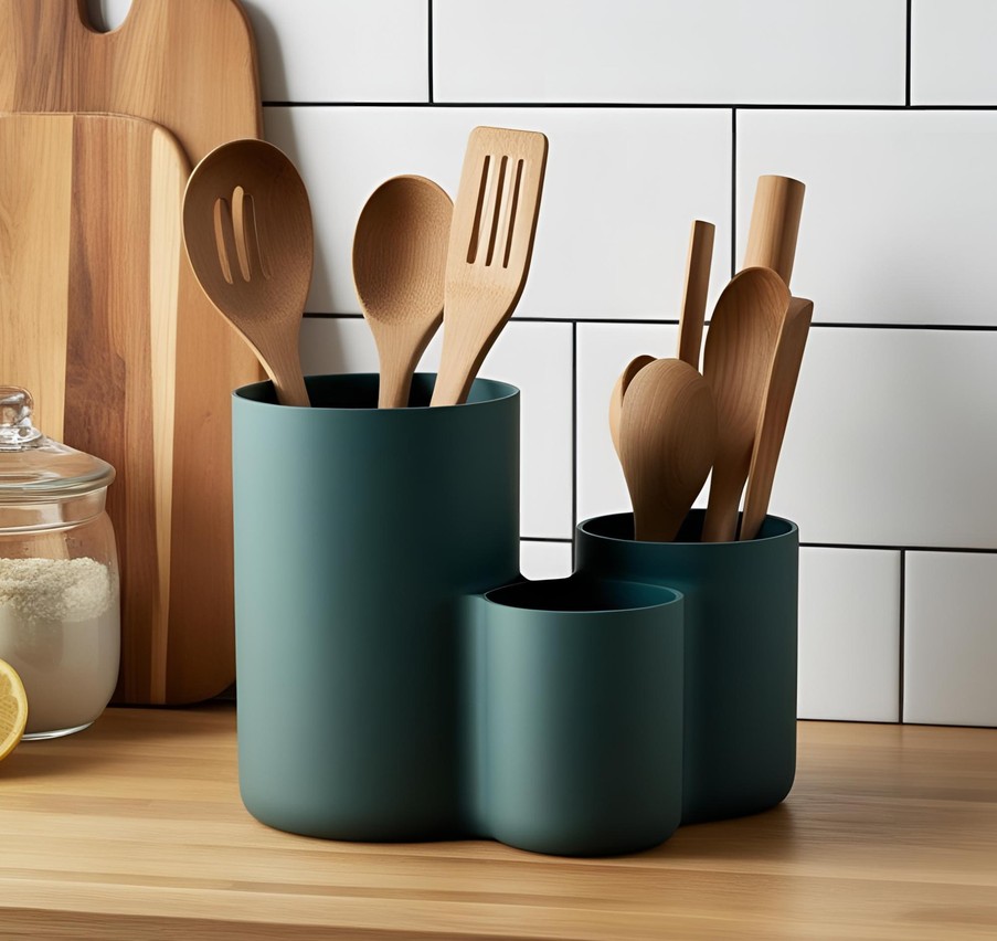 Modern kitchen utensil holder with three cups – commercial STL model for 3D printing by Deltaprints