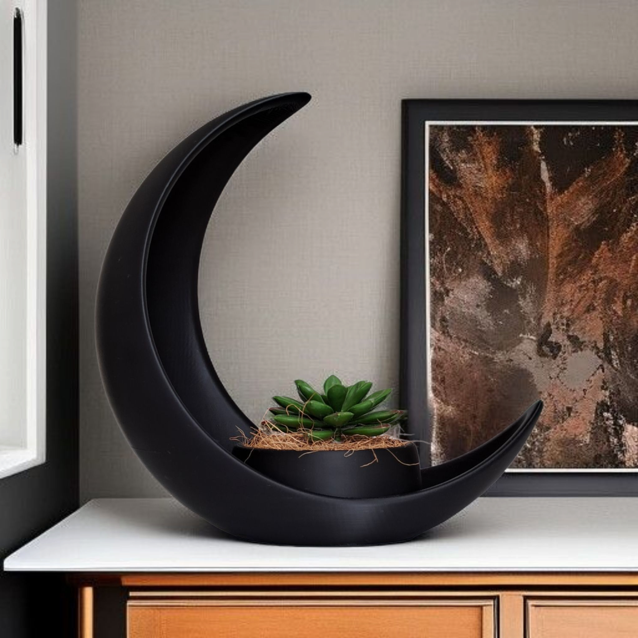 Crescent Moon Decoration With Elliptical Plant Pot 3D print product image 2 by Deltaprints