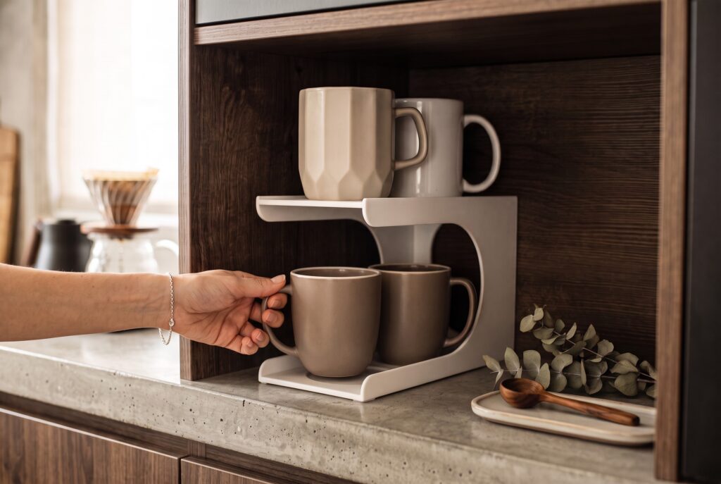 „Cupstack“ – Vertical Cup Organizer – commercial STL model for 3D printing by Deltaprints