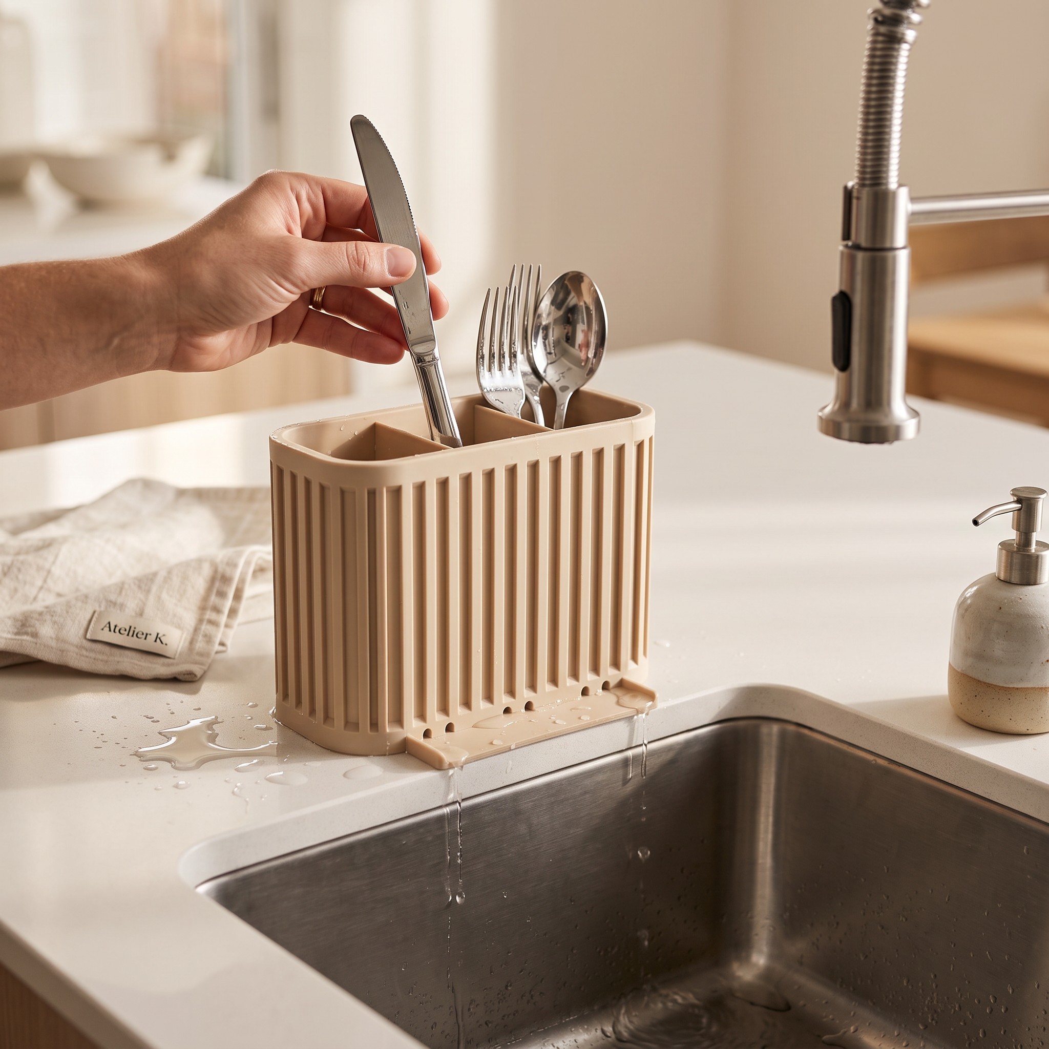 Japandi cutlery drainer with three compartments 3D print product image 4 by Deltaprints