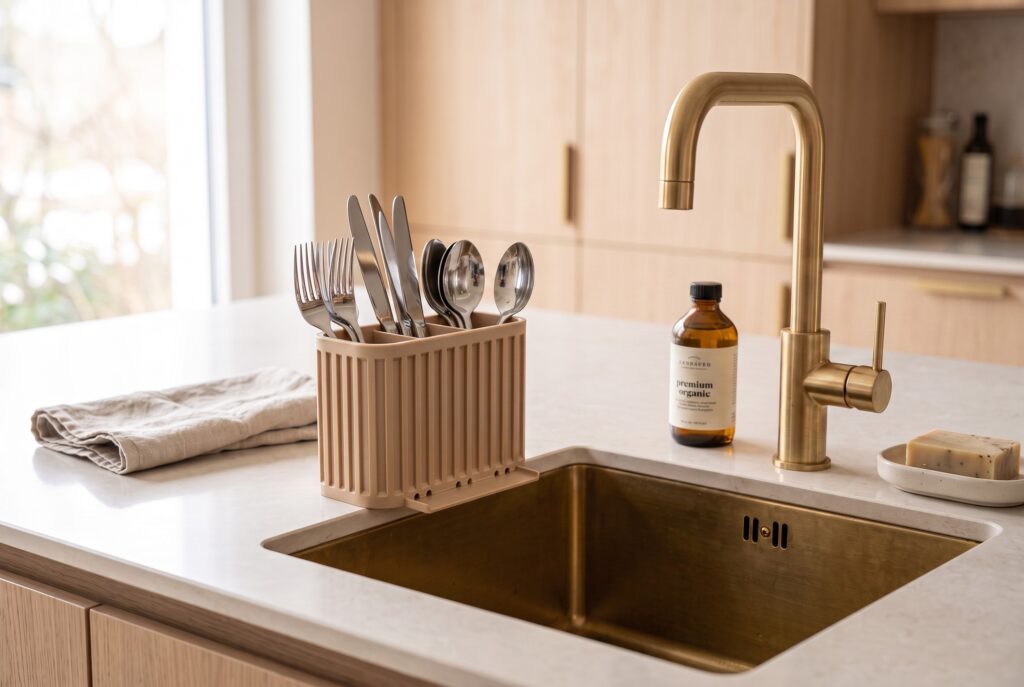 Japandi cutlery drainer with three compartments – commercial STL model for 3D printing by Deltaprints