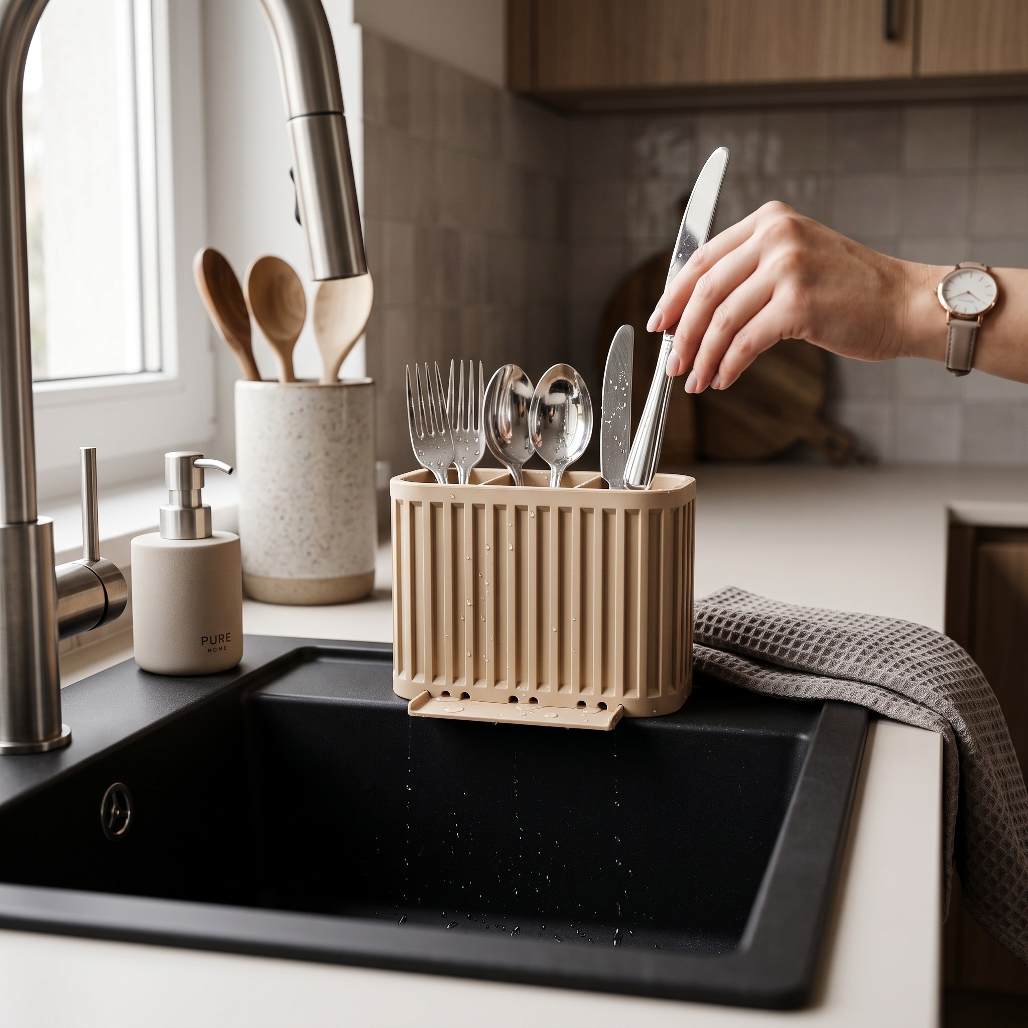 Japandi cutlery drainer with three compartments 3D print product image 2 by Deltaprints