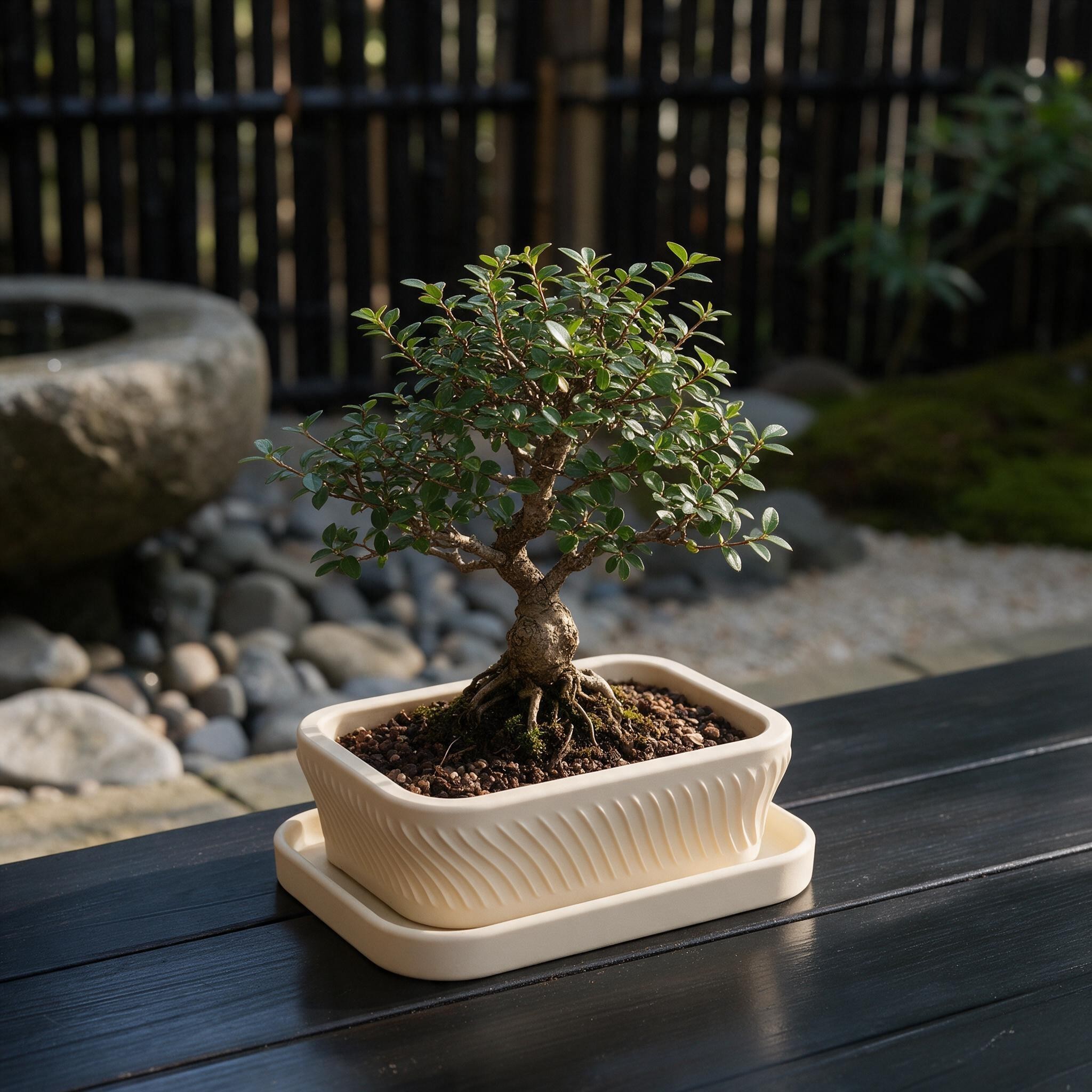 Modern bonsai pot with drainage holes and matching saucer 3D print product image 2 by Deltaprints