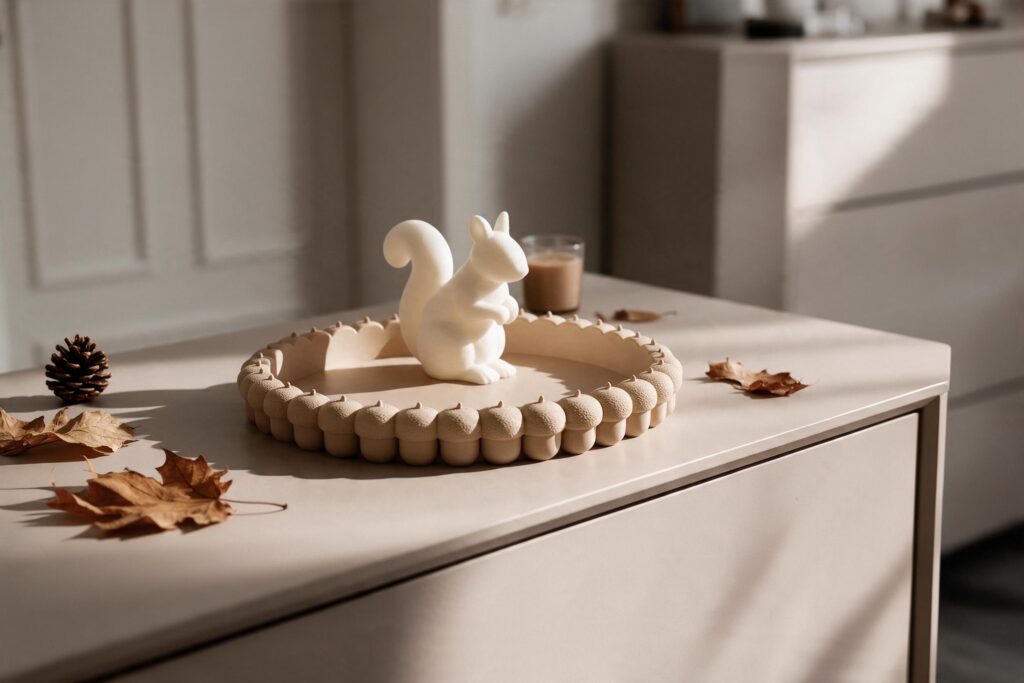 Acorn-shaped tray with matching squirrel – commercial STL model for 3D printing by Deltaprints