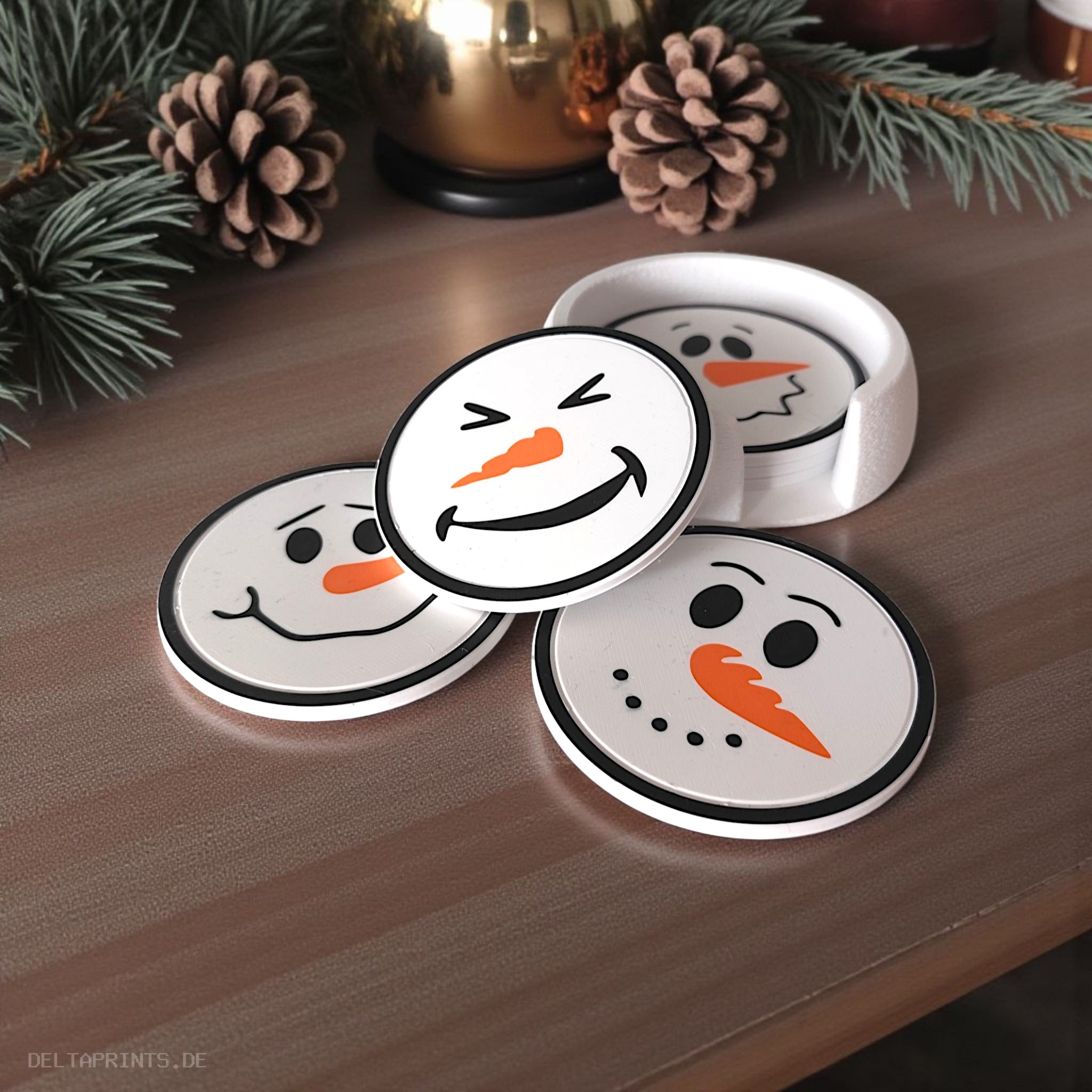 Funny snowman coasters with holder (six faces) 3D print product image 3 by Deltaprints