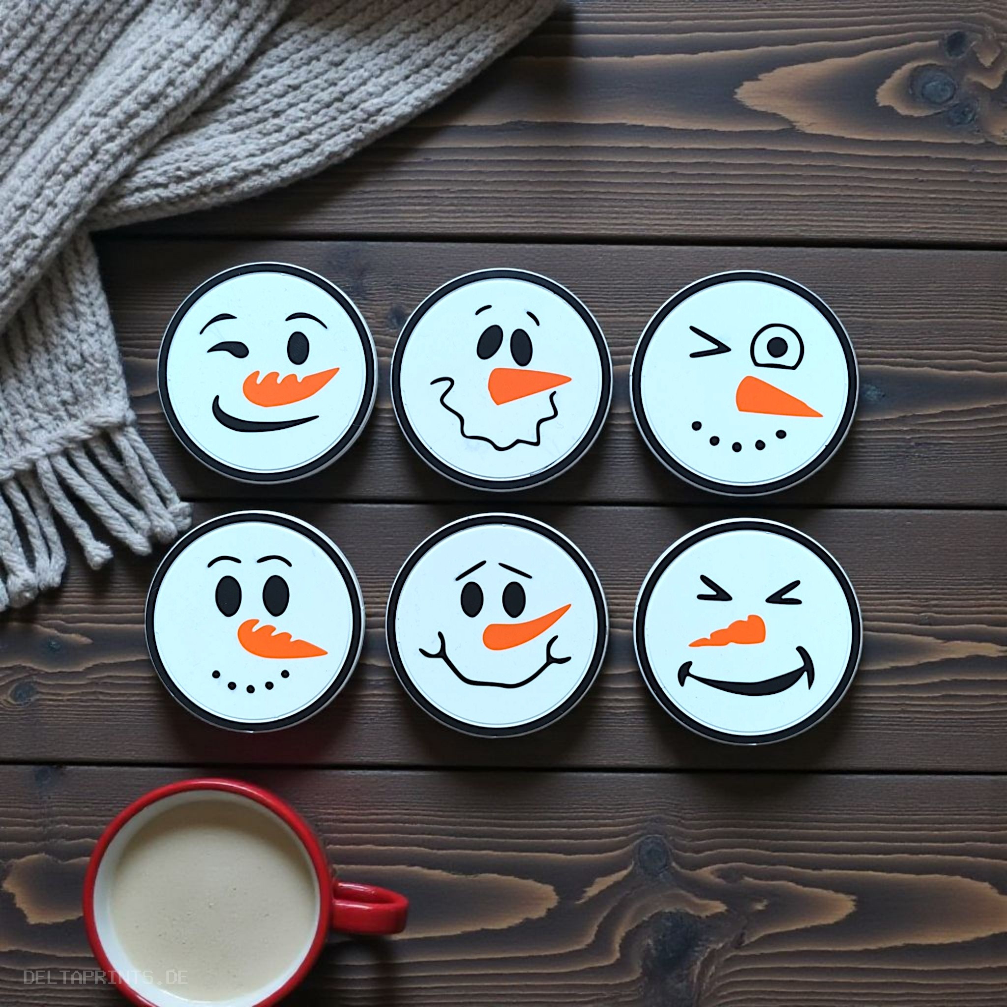 Funny snowman coasters with holder (six faces) 3D print product image 2 by Deltaprints