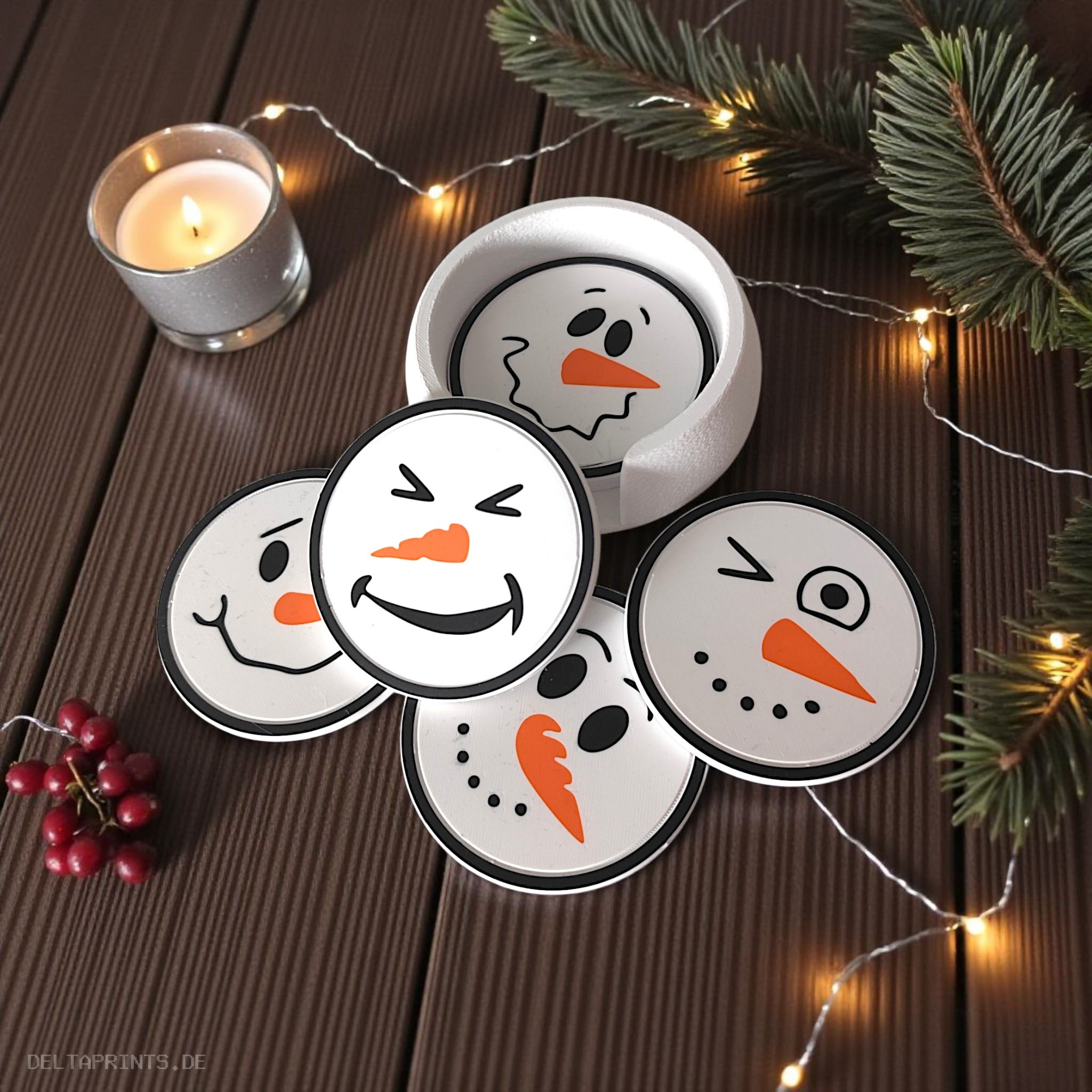 Funny snowman coasters with holder (six faces) commercial STL file Desk Accessories by Deltaprints