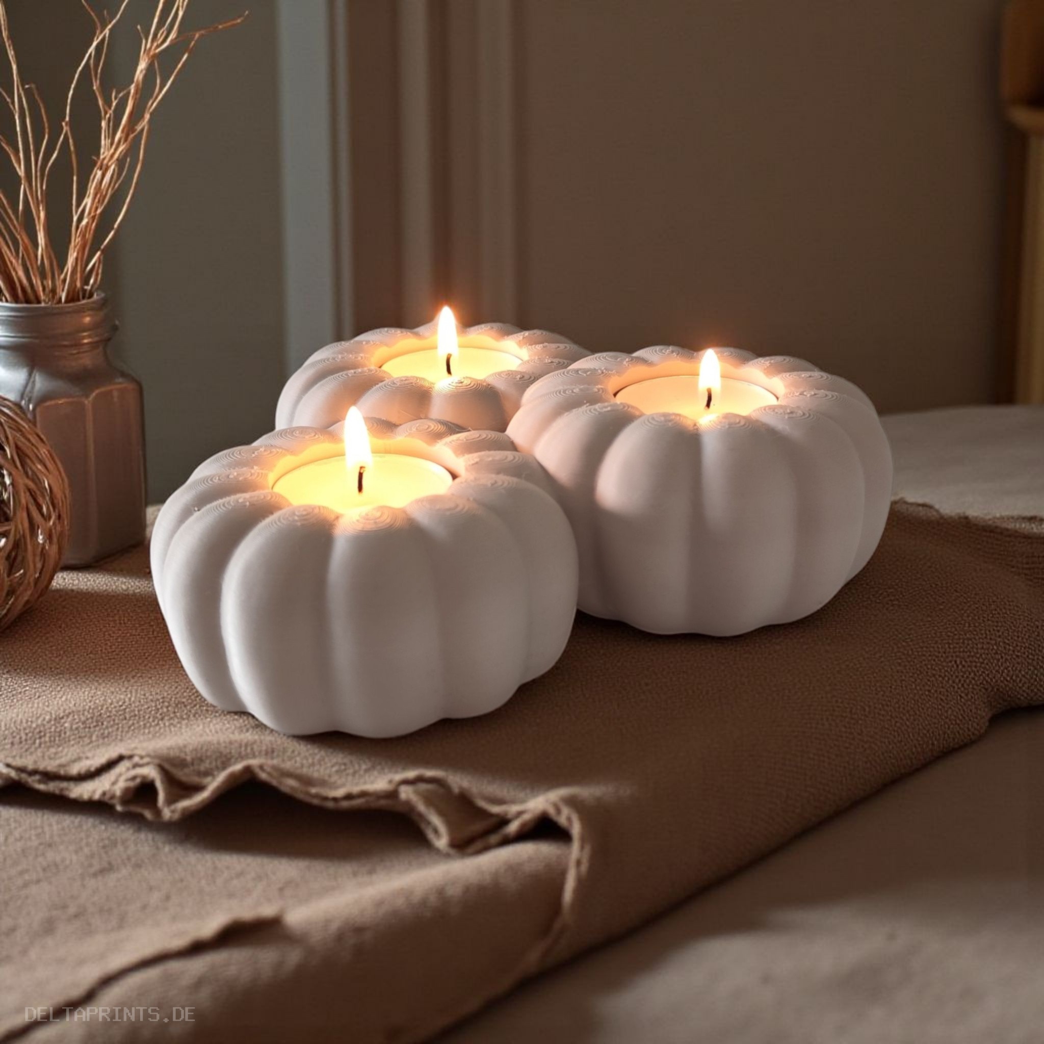 Autumnal pumpkin tealight holder for 3 (LED) tealights commercial STL file Desk Accessories by Deltaprints